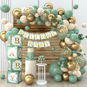 datamoon sage green baby shower decorations - vintage green and gold balloons in different sizes, welcome baby banner and sage green unisex baby box for gender reveal, birthday, woodland jungle party