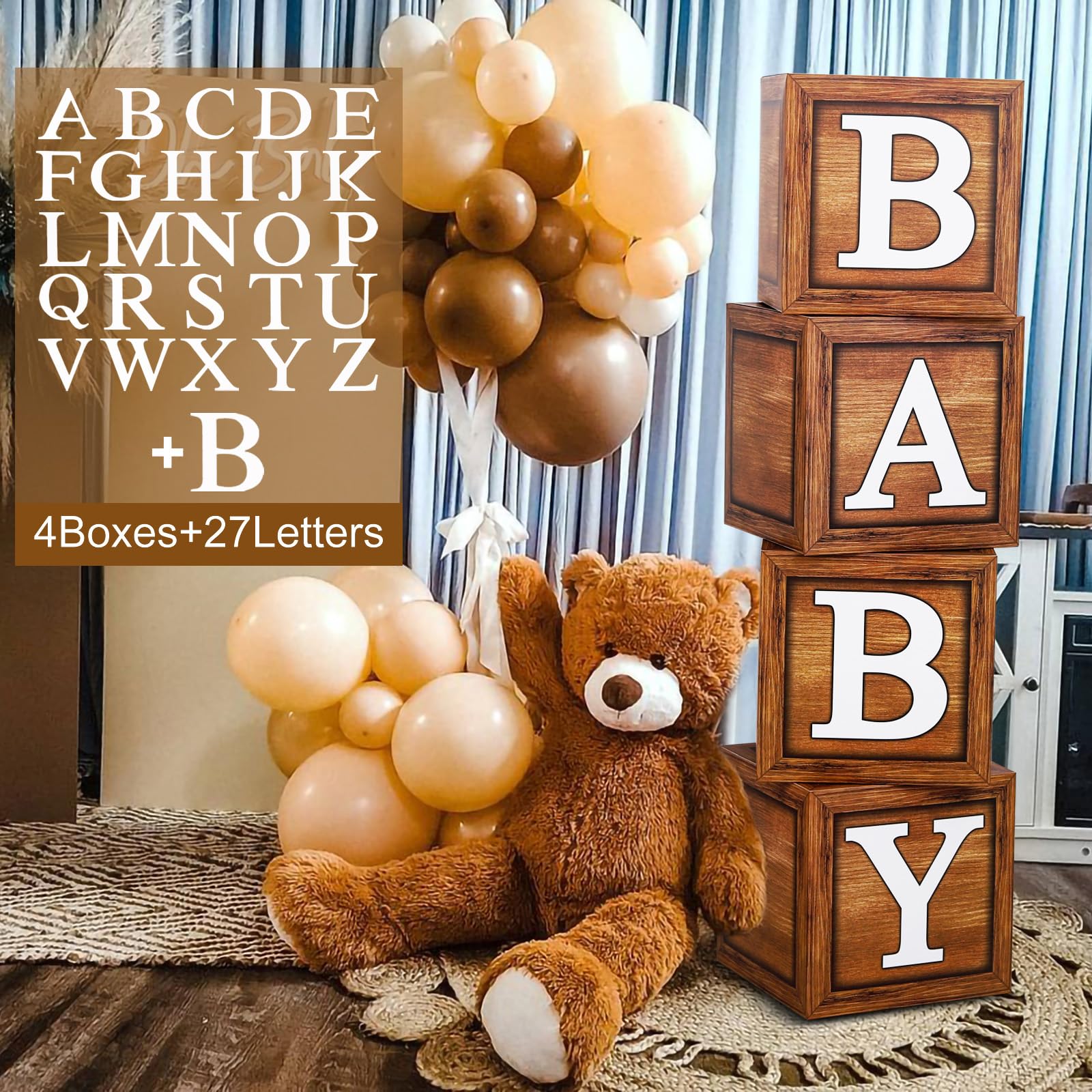 Baby Shower Decorations Boxes with 27 letters - 4 Wood Grain Brown Blocks with 27 Letters, First Birthday Centerpiece Decor, Teddy Bear Baby Shower Supplies, Gender Reveal Backdrop