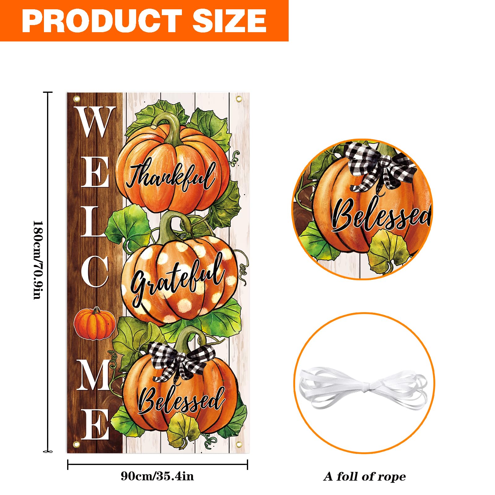 SENSEVEN Fall Pumpkin Thanksgiving Door Banner, Large Thanksgiving Thankful Grateful Blessed Fall Door Cover, Harvest Autumn Welcome Porch Sign Door Decor Backdrop Banner 70.9 x 35.4 Inches