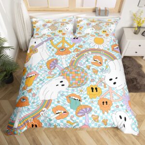 erosebridal cartoon ghost duvet cover rainbow bedding set full,hippie groovy flowers comforter cover gothic bed set cute mushroom peace symbol boho floral kawaii halloween decorations indoor