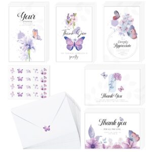 watinc 60pcs funeral thank you cards with envelopes and stickers, purple butterfly bereavement card express your condolences, memorial sympathy cards with message inside for beloved friends family