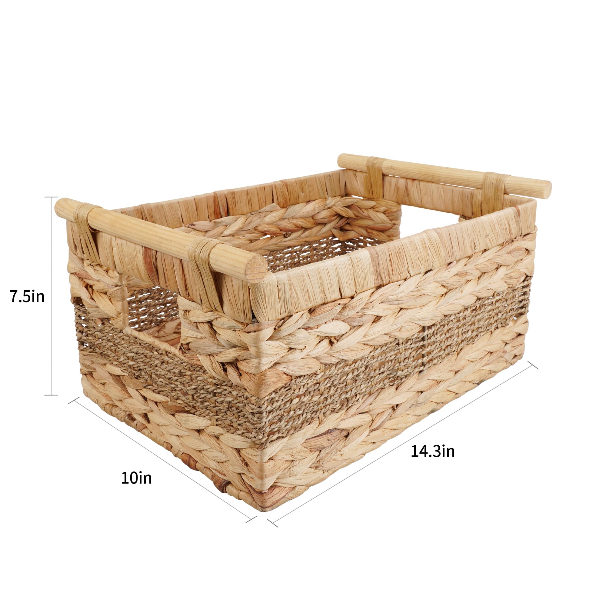 TSENSGL Water Hyacinth Storage Baskets 14.3x10x7.5" - Wooden Handles, Rectangular, Large Wicker Basket for Storage Woven Baskets for Storage Baskets for Organizing, Baskets for Shelves