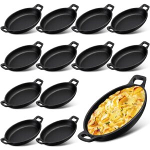 mifoci 12 pcs 16 oz 8.7'' x 4.7'' oval serving dish mini cast iron skillet cast iron baking pan sizzling plate matte black gratin cookware for home restaurant kitchen food service barbecue