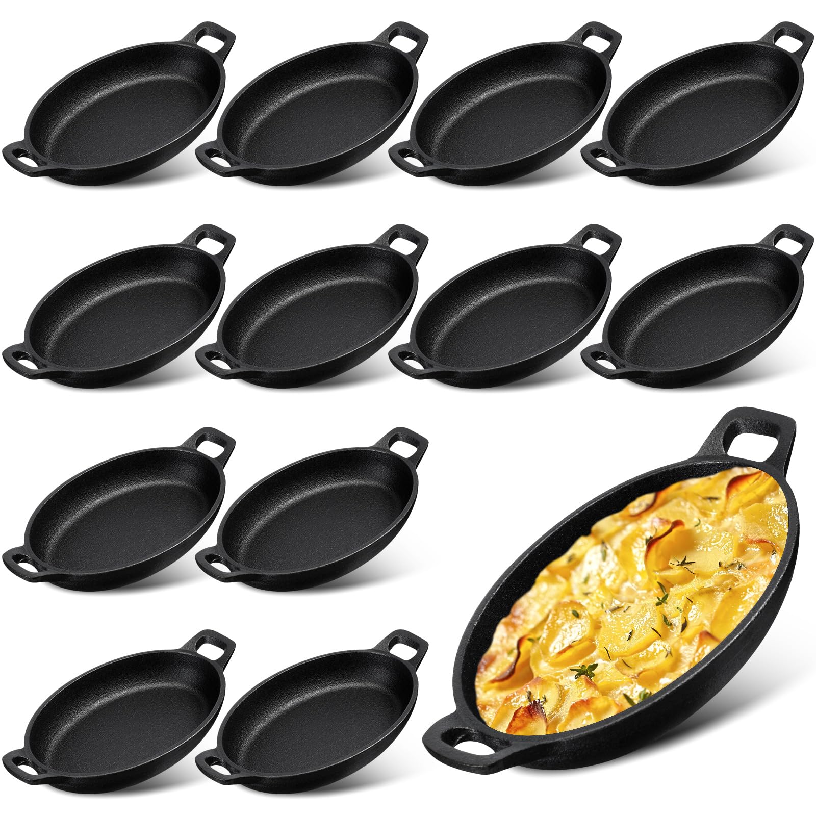 Mifoci 12 Pcs 16 oz 8.7'' x 4.7'' Oval Serving Dish Mini Cast Iron Skillet Cast Iron Baking Pan Sizzling Plate Matte Black Gratin Cookware for Home Restaurant Kitchen Food Service Barbecue