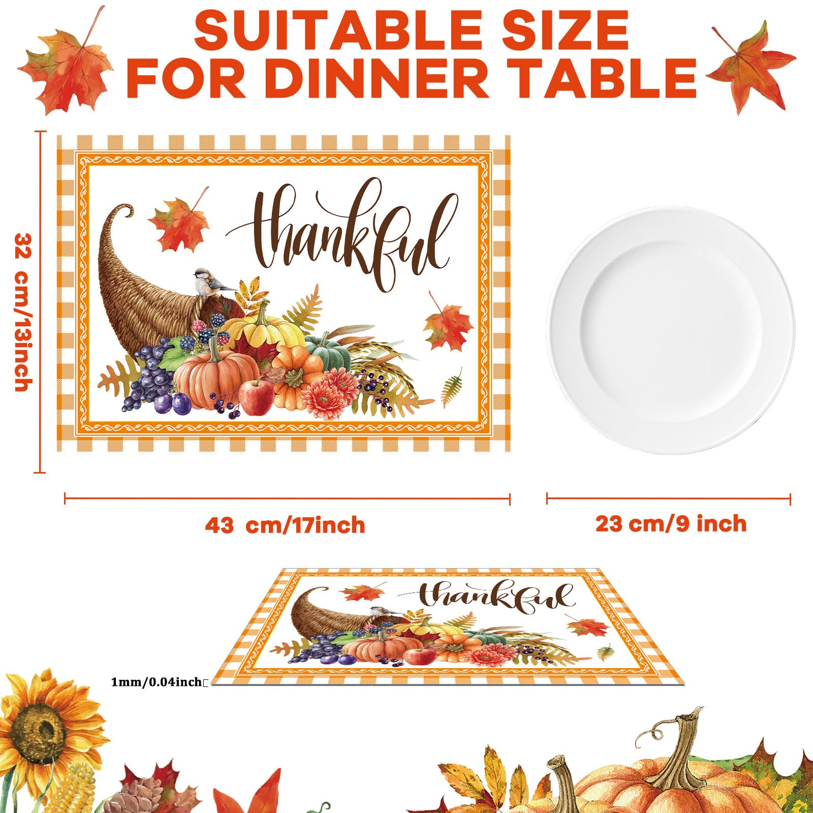 Thanksgiving Placemats Set of 6 Thanksgiving Day Plastic Table Mats Welcome Fall Place Mats Washable Vinyl Rustic Holiday Table Decoration for Indoor Outdoor Autumn Party Kitchen Dining Table