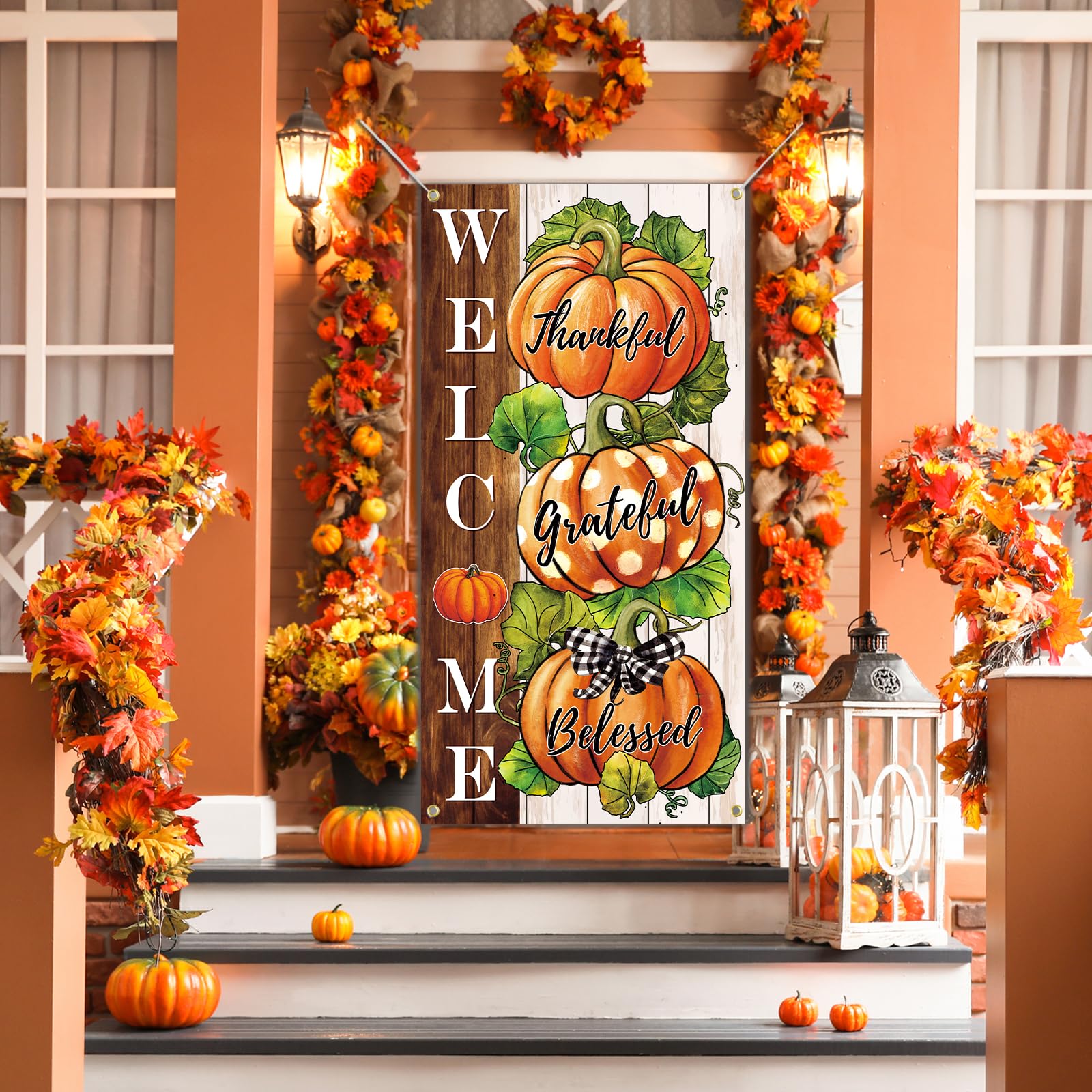 SENSEVEN Fall Pumpkin Thanksgiving Door Banner, Large Thanksgiving Thankful Grateful Blessed Fall Door Cover, Harvest Autumn Welcome Porch Sign Door Decor Backdrop Banner 70.9 x 35.4 Inches