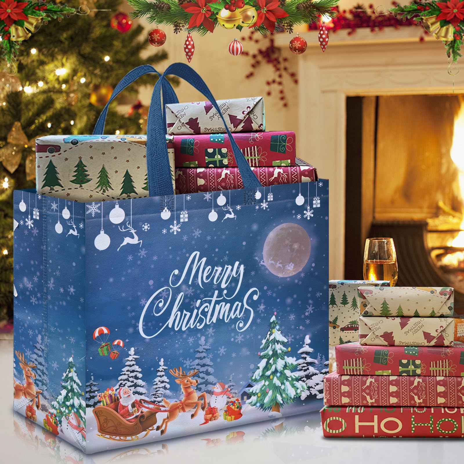 AhfuLife 12PCS Extra Large Christmas Gift Bags, 15.7'' x 14.2''x 5.9'', Christmas Tote Bags with Handles, Reusable Non-woven Christmas Shopping Bags for Xmas's Party Supplies New Year Decorations