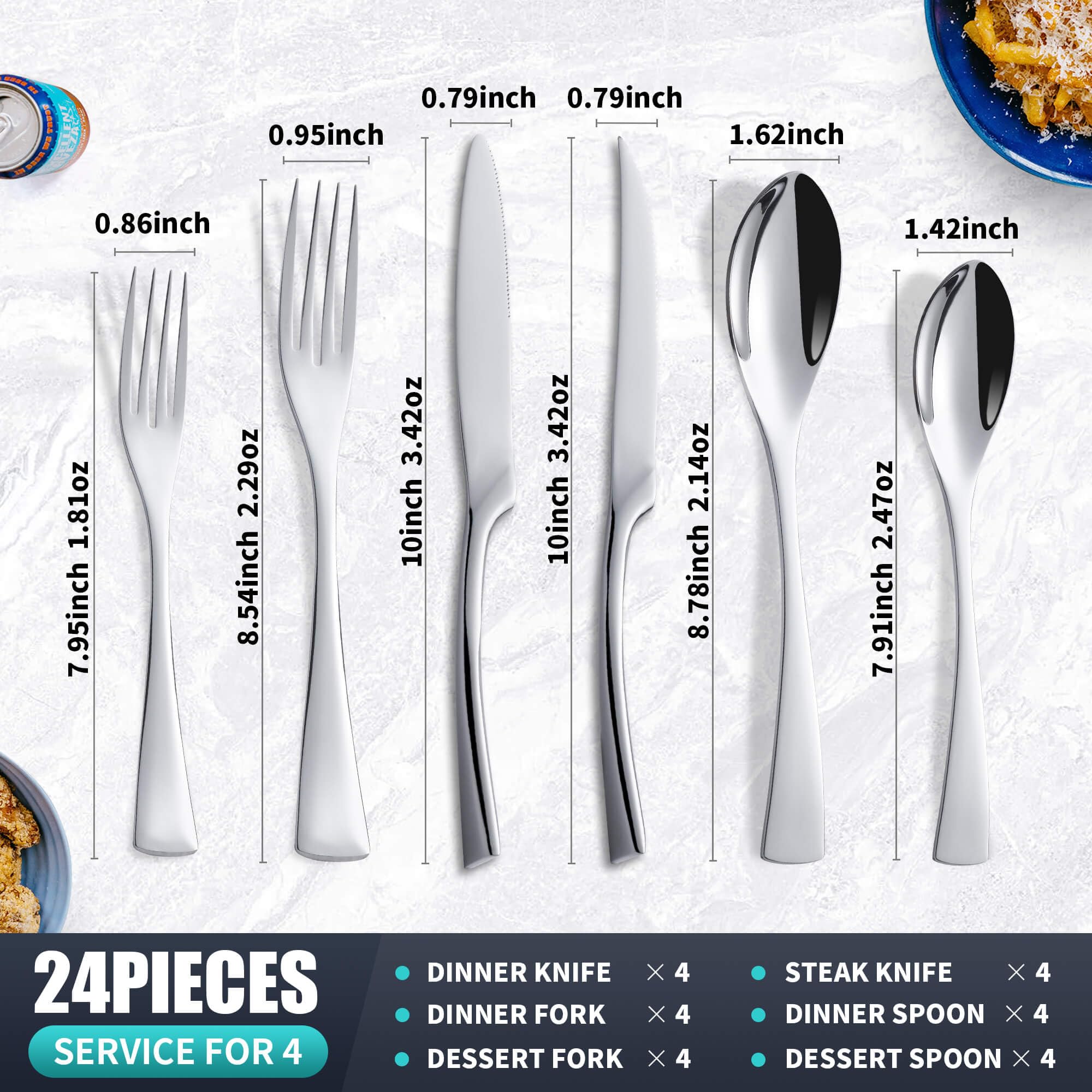 Joincook 24 Pieces Silverware Set with Steak Knives Service for 4,Modern 18/10 Stainless Steel Flatware Cutlery Set,Utensil Set for Home Restaurant Hotel,Mirror Polished,Dishwasher Safe