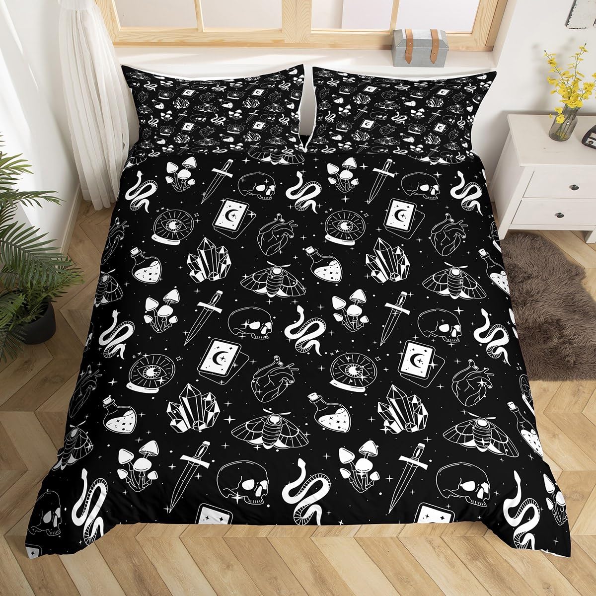 Gothic Skull Bedding Set King Size for Woman Men,Skull Skeleton Hippie Mushroom Plant Comforter Cover with 2 Pillowcases,Moth Stars Shiny Galaxy Halloween Duvet Cover Set Microfiber Quilt Cover