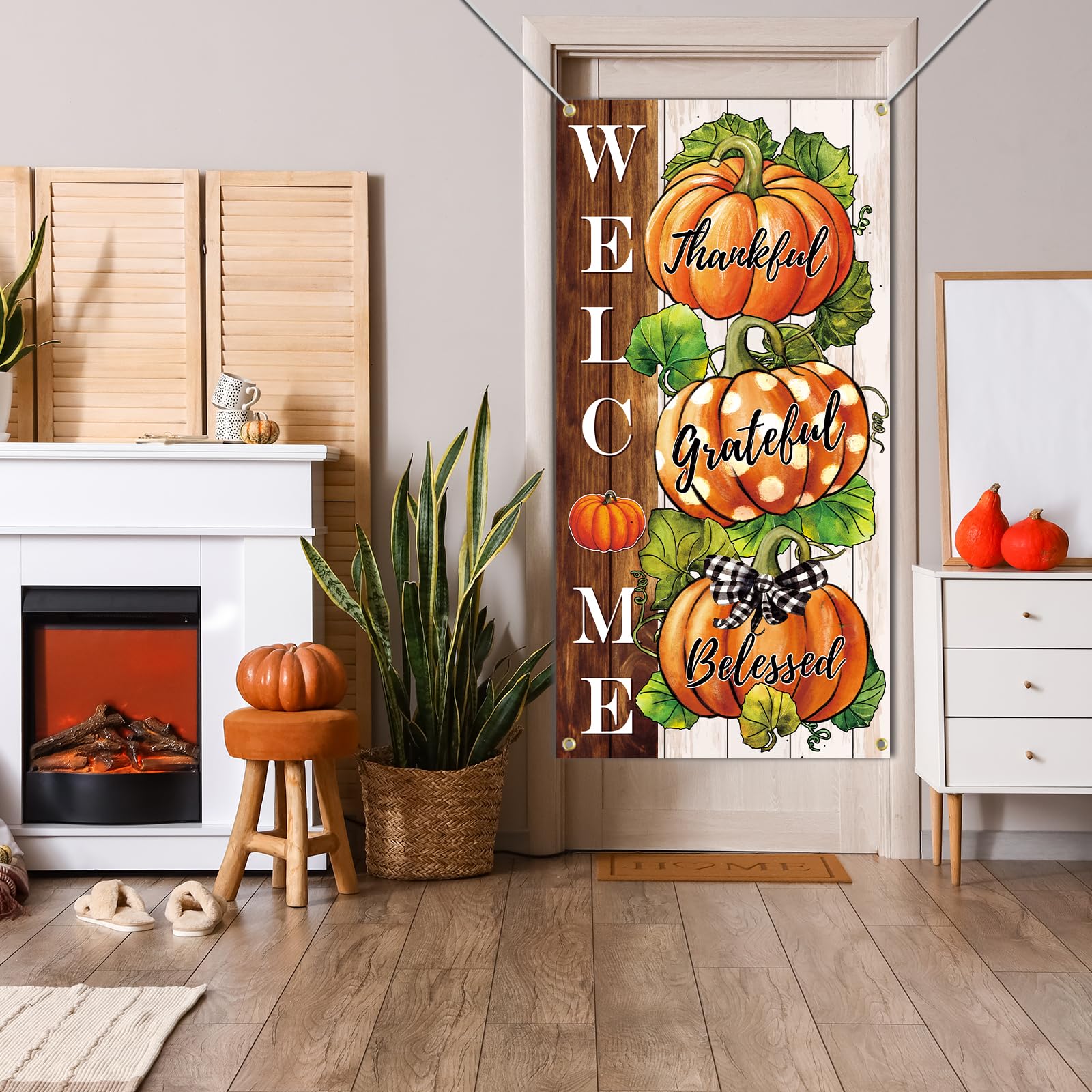 SENSEVEN Fall Pumpkin Thanksgiving Door Banner, Large Thanksgiving Thankful Grateful Blessed Fall Door Cover, Harvest Autumn Welcome Porch Sign Door Decor Backdrop Banner 70.9 x 35.4 Inches