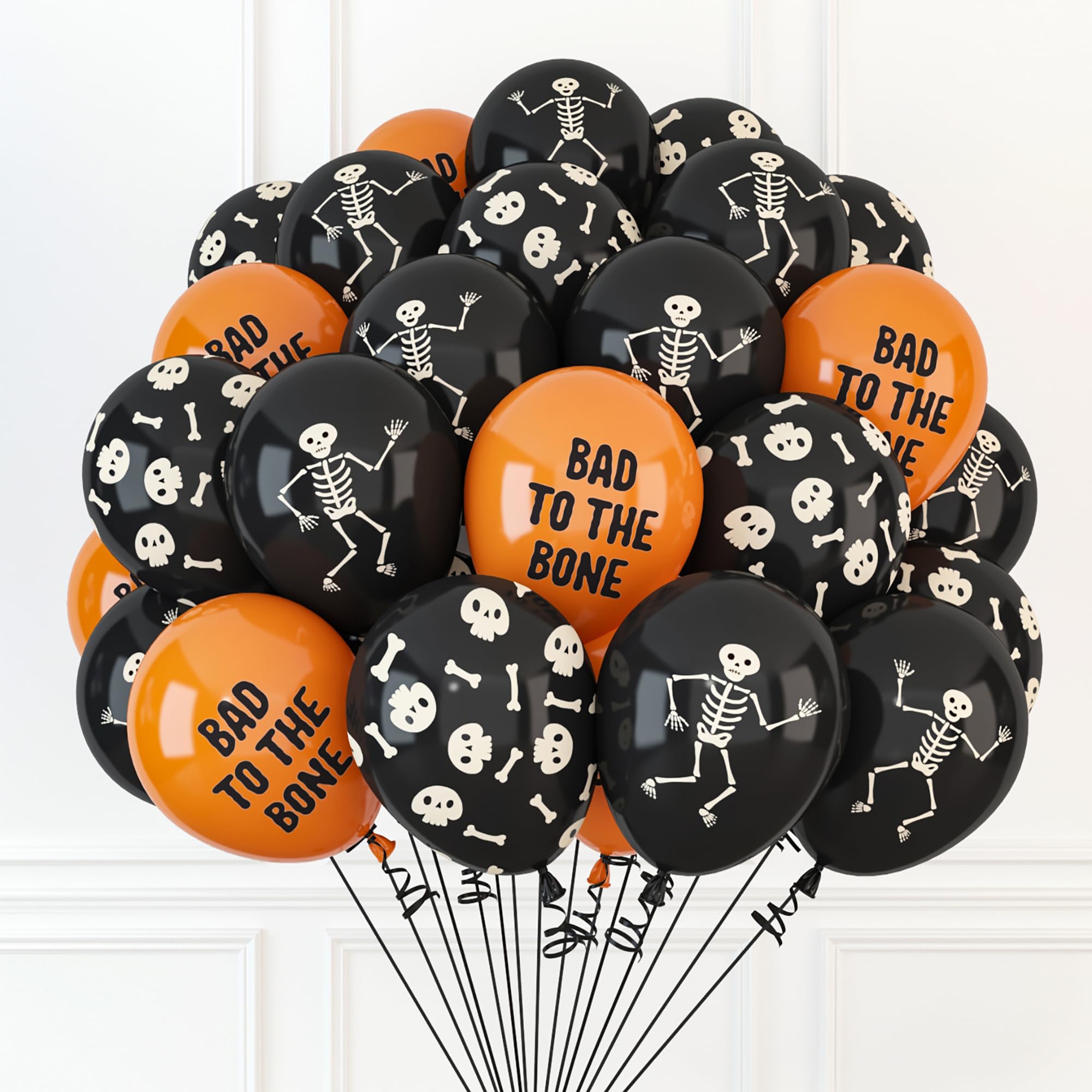 HOUSE OF PARTY 50pcs Halloween Skeleton Balloons | 12inch Black Orange Skull Latex Balloon Day of The Dead Party Supplies | Halloween Party Balloons for Malls, Bars, Homes Halloween Party Decorations