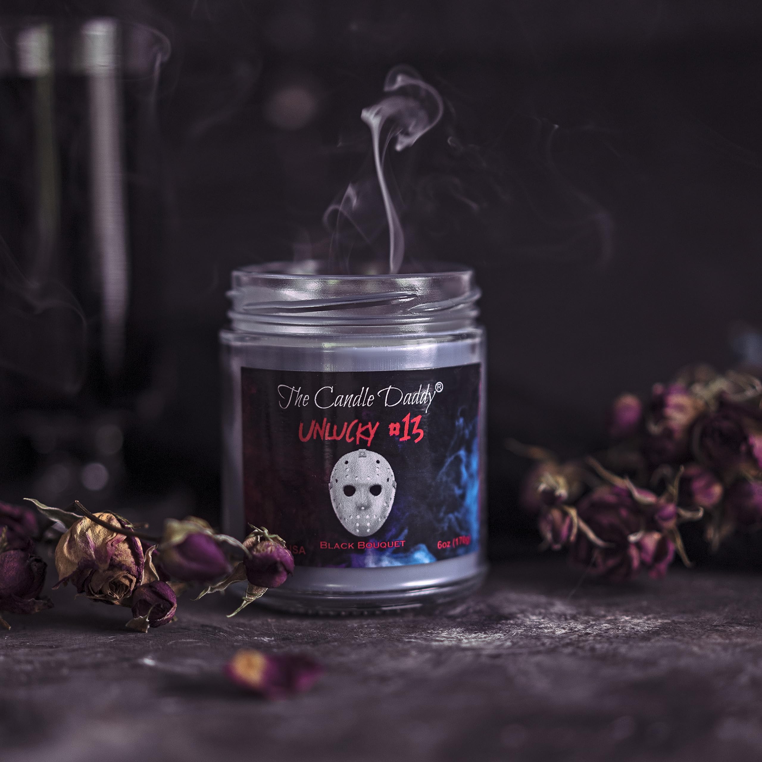 Unlucky #13 - Black Bouquet Scented Horror Movie Candle - Halloween 6 Oz Jar Candle - 40 Hour Burn Time