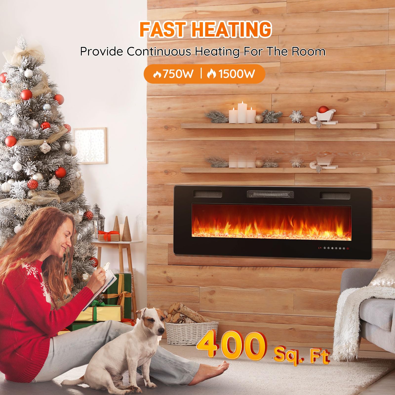 Rintuf 42 inch Electric Fireplace, Recessed and Wall Mounted Fireplace Heater and Linear Fireplace with Multicolor Flame, Timer, 750/1500W Control by Touch Panel & Remote