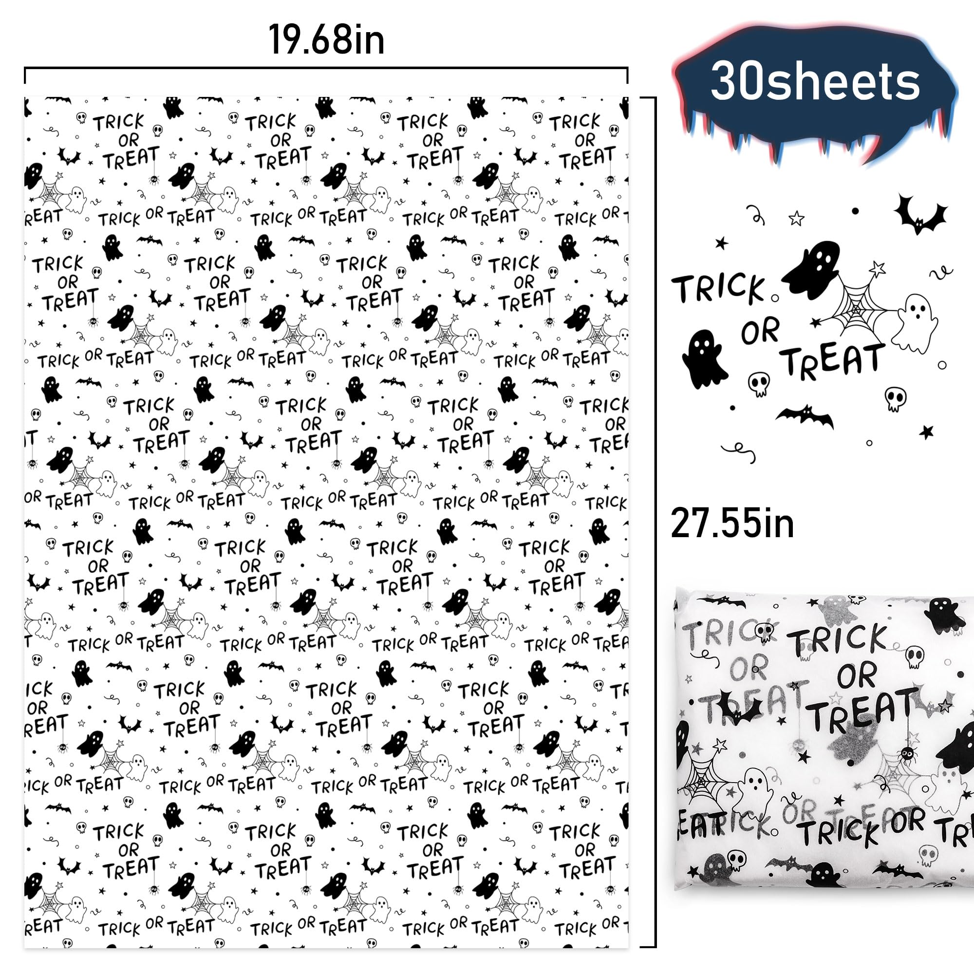 MR FIVE 30 Sheets Large Size Halloween Tissue Paper Bulk,20"x 28",Trick or Treat Tissue Paper for Gift Bags,White with Black Trick or Treat Pattern Tissue Paper for Halloween Party