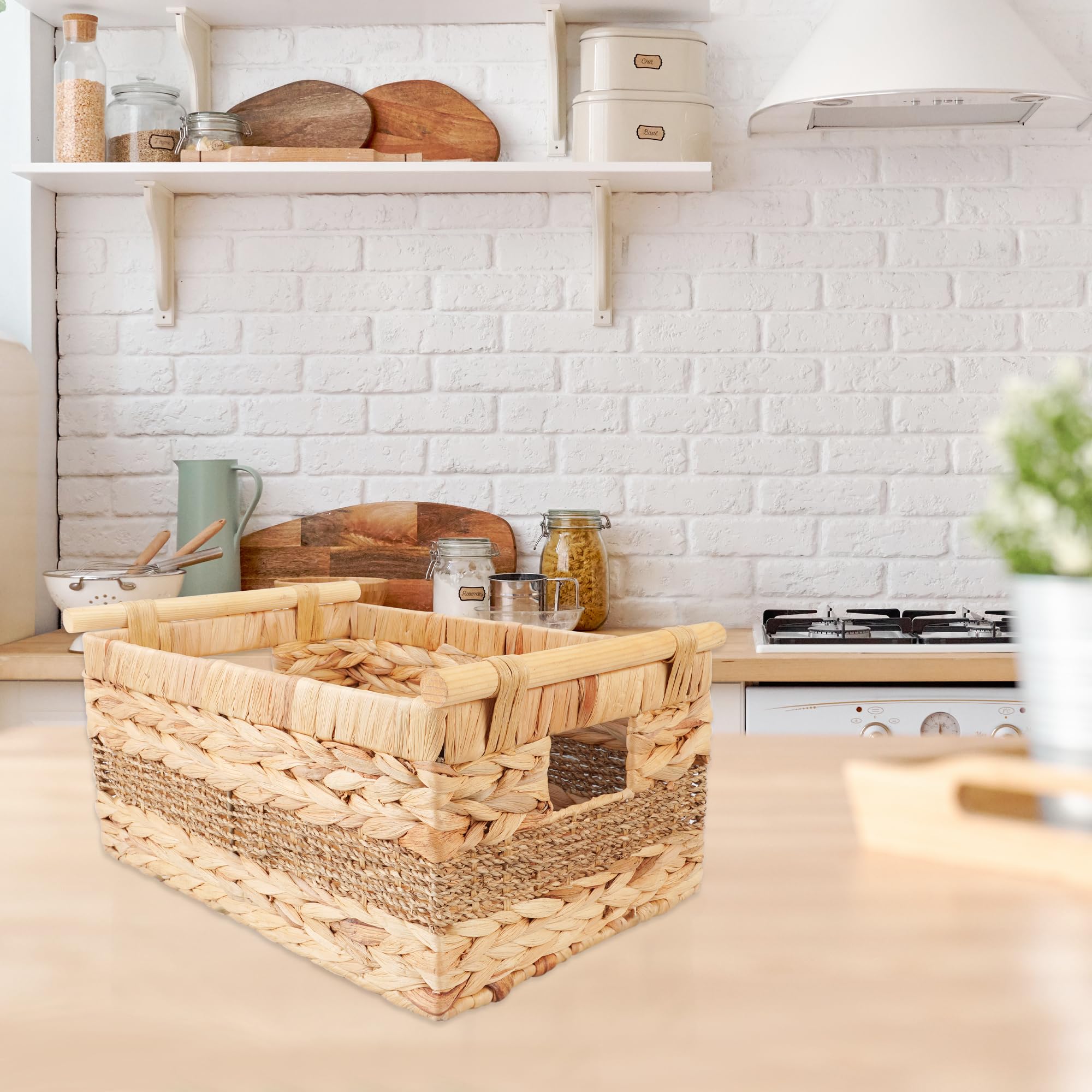 TSENSGL Water Hyacinth Storage Baskets 14.3x10x7.5" - Wooden Handles, Rectangular, Large Wicker Basket for Storage Woven Baskets for Storage Baskets for Organizing, Baskets for Shelves