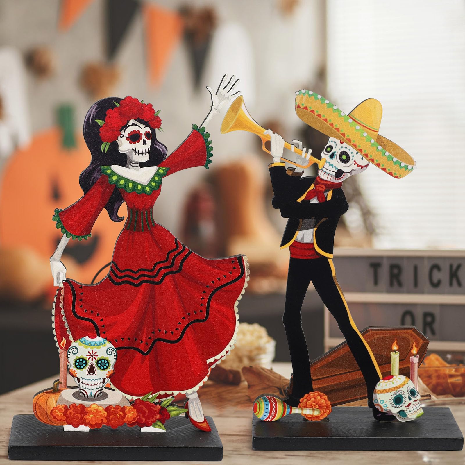 4 Pieces Day of The Dead Table Top Decorations Wooden Halloween Sign for Mexican Fiesta Decorations,Dia De Los Muertos Centerpieces for Table