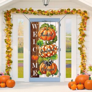 senseven fall pumpkin thanksgiving door banner, large thanksgiving thankful grateful blessed fall door cover, harvest autumn welcome porch sign door decor backdrop banner 70.9 x 35.4 inches