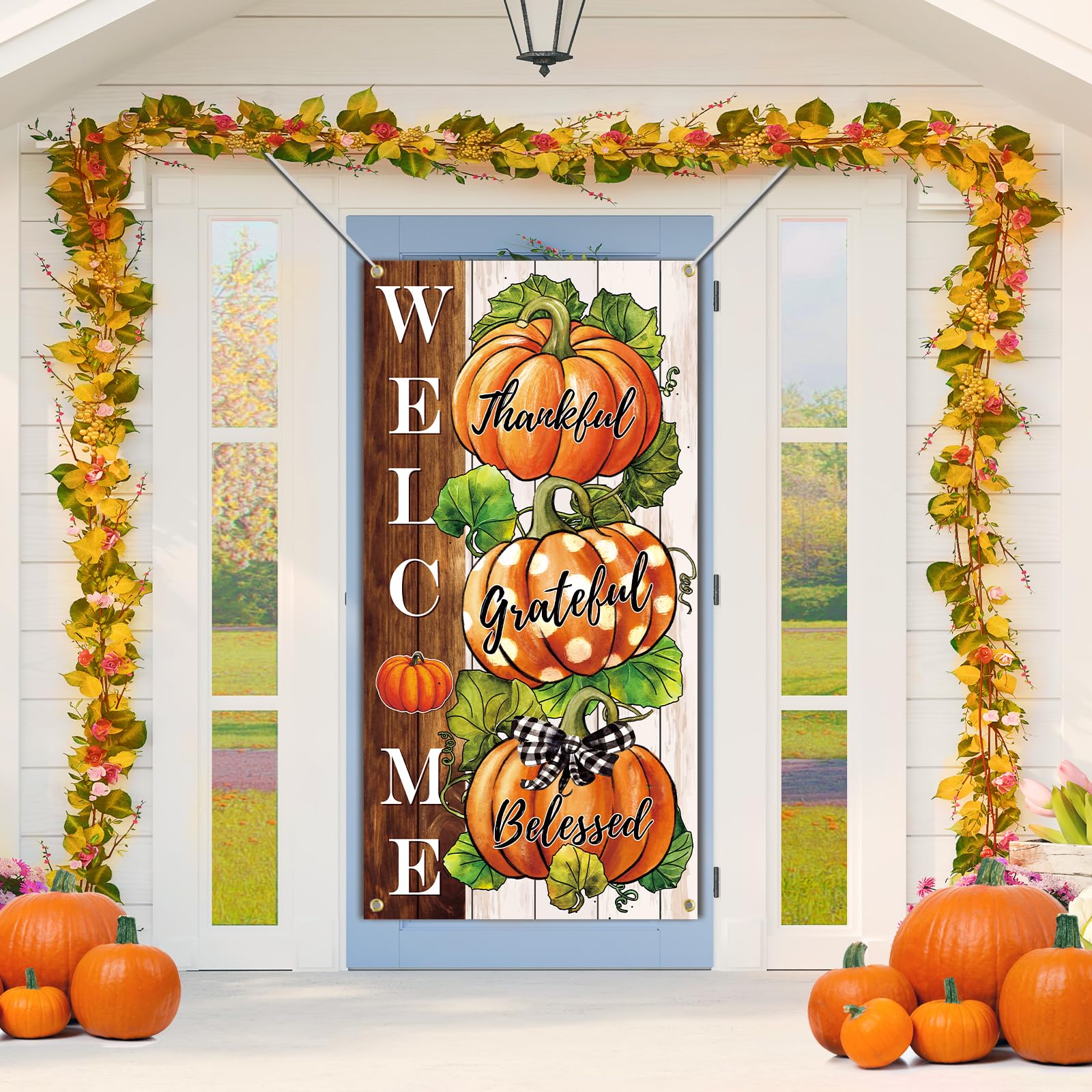 SENSEVEN Fall Pumpkin Thanksgiving Door Banner, Large Thanksgiving Thankful Grateful Blessed Fall Door Cover, Harvest Autumn Welcome Porch Sign Door Decor Backdrop Banner 70.9 x 35.4 Inches