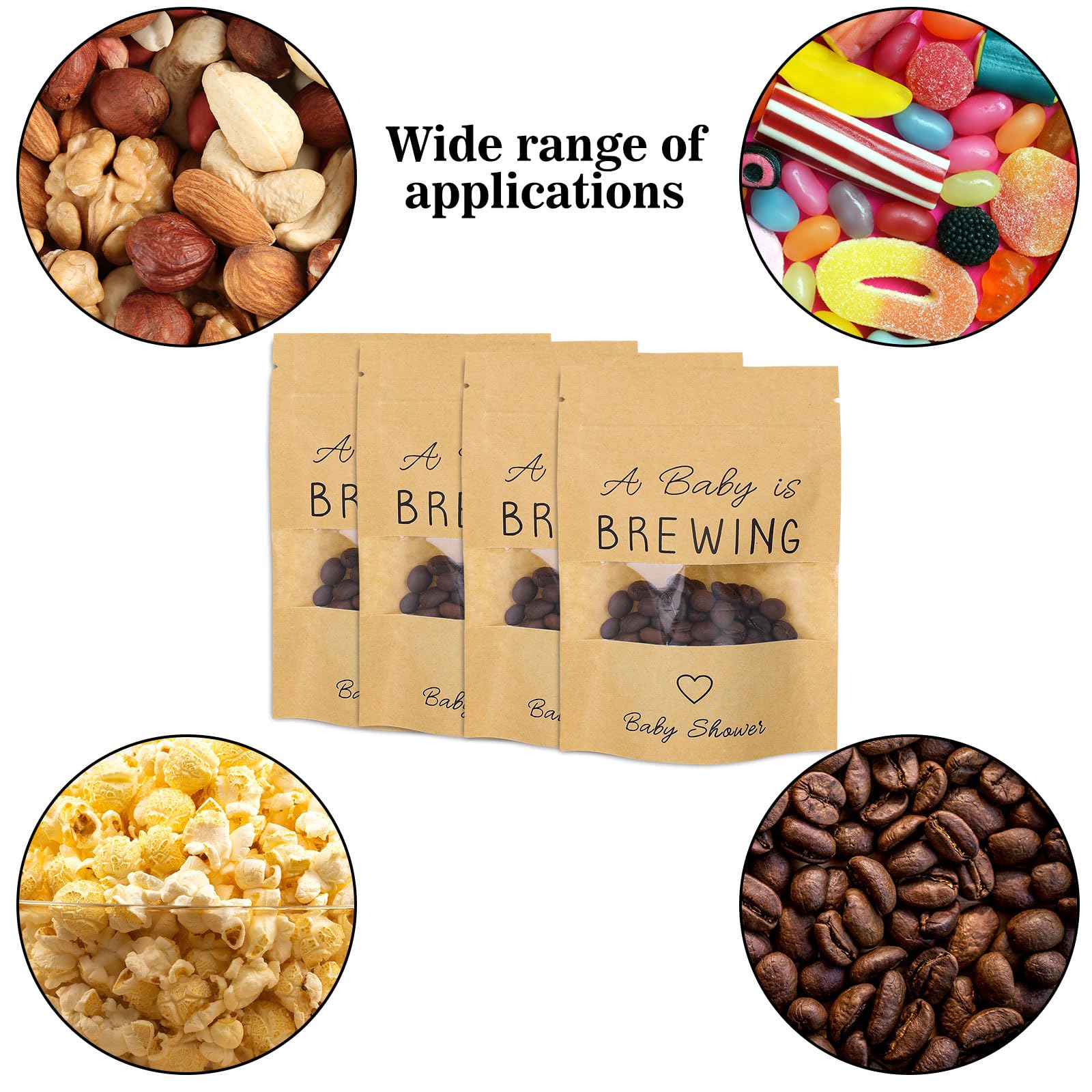 Whaline 50 Pack Kraft Paper Resealable Bags Coffee Baby Shower Favor Bags A Baby is Brewing Stand Up Pouches Bags with Window for Gender Reveal Party Donuts Goodie Candy Gifts Supplies, 3.9x5.9 Inch