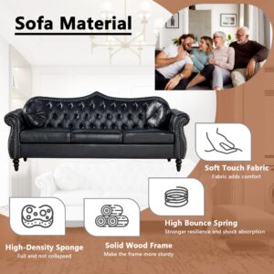 AVZEAR 82" Three Seater Sofa, Chesterfield Sofa, Mid-Century Modern PU Upholstered Sofa, Deep Button Tufted Living Room Sofa with Two Throw Pillows, Black