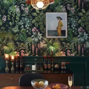 Ismoon Green Peel and Stick Wallpaper, Tropical Wallpaper Black/Green/Pink Contact Paper Jungle Leaf Wallpaper Peel and Stick Removable Wallpaper Vinyl Self Adhesive Wallpaper Waterproof