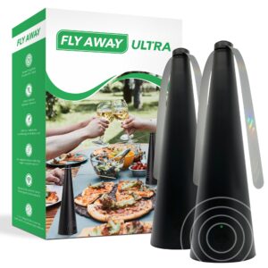 fly away ultra - 2 pack rechargeable outdoor fly fans for tables with ultrasound, outdoor or indoor tabletop use, restaurant, barbeque, events, deter flies, wasps, bees, moscas and bugs, hanging hook.