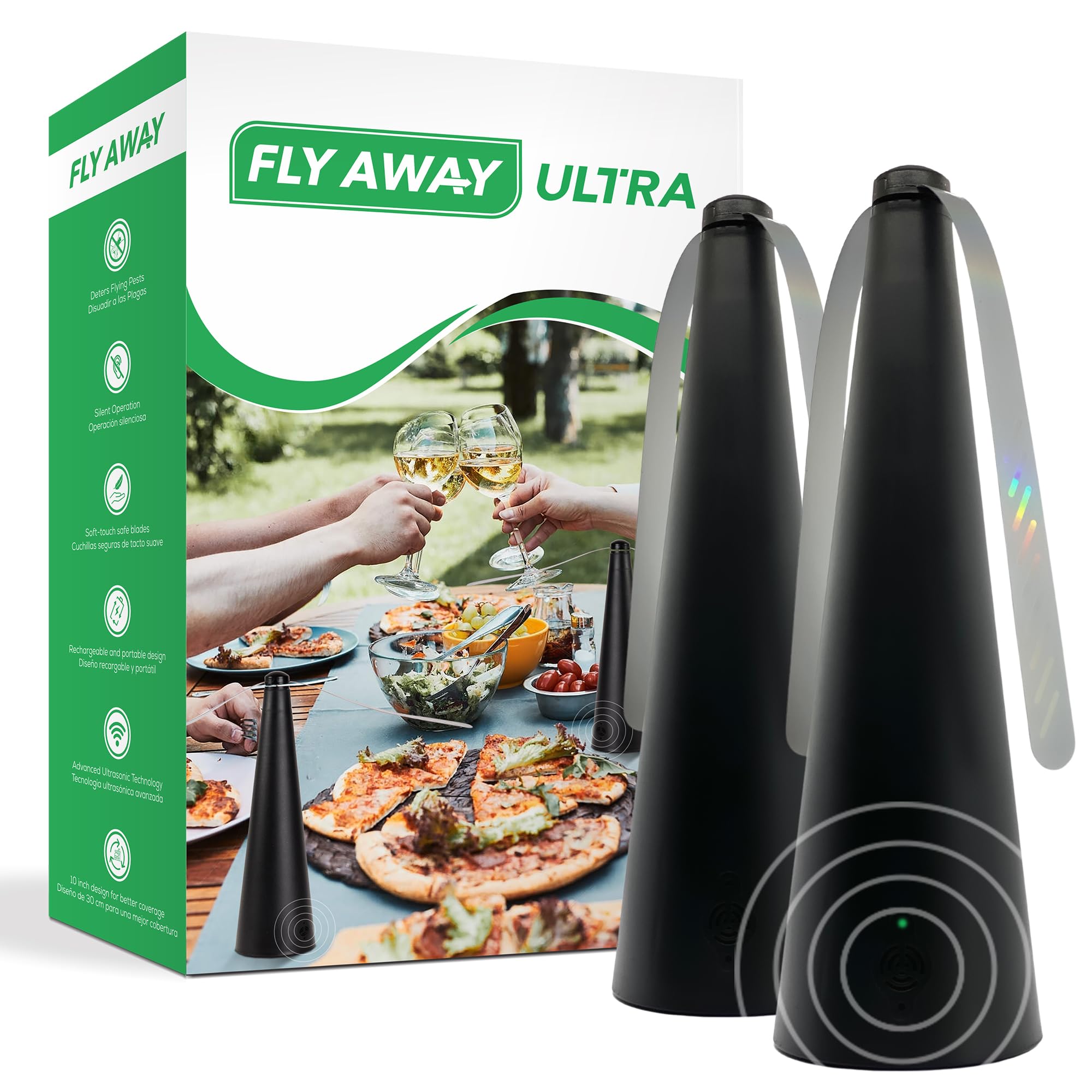 Fly Away Ultra - 2 Pack Rechargeable Outdoor Fly Fans for Tables with Ultrasound, Outdoor or Indoor Tabletop use, Restaurant, Barbeque, Events, Deter Flies, Wasps, Bees, Moscas and Bugs, Hanging Hook.