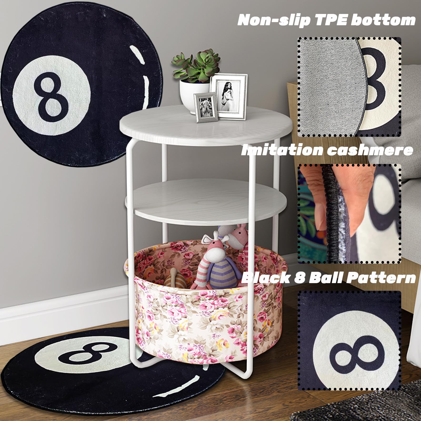 8 Ball Rug, 32" Black Round Area Rug, Cute Black Floor Rug Doormat, Billiard 8 Ball Carpet, Eight Ball Rug Absorbent&Soft Bath Mat for Living Dining Dorm Room Bedroom Decor (40")