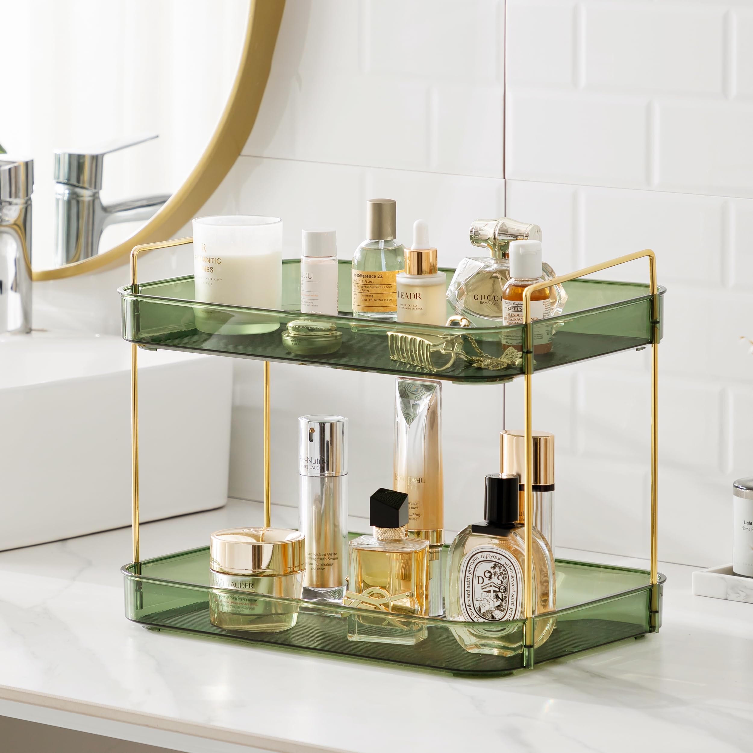 HBlife Bathroom Countertop Organizer 2 Tier Makeup Organizer Perfume Tray Skincare Storage Cosmetic Organizer Bathroom Counter Shelf, Clear Green