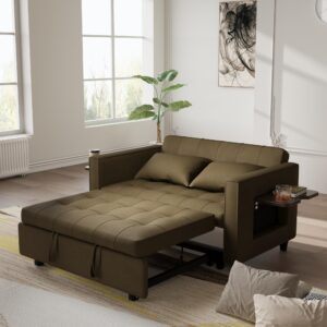 bocarali 58" w convertible sofa bed, 3 in 1 velvet upholstered loveseat sleeper with adjustable back, modern 2 seater sofa with put out bed, 2 pillows wing tables for living room, light brown