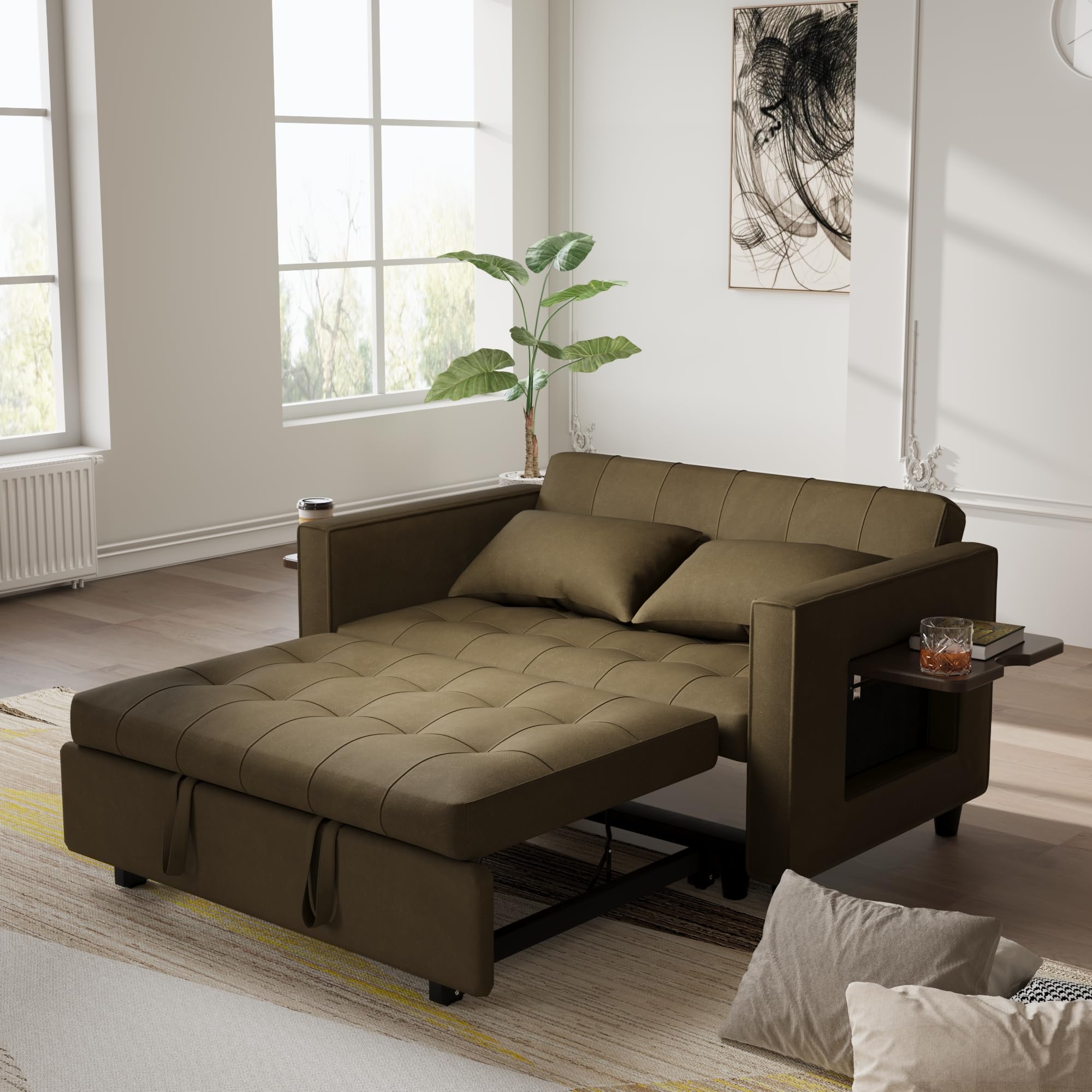 Bocarali 58" W Convertible Sofa Bed, 3 in 1 Velvet Upholstered Loveseat Sleeper with Adjustable Back, Modern 2 Seater Sofa with Put Out Bed, 2 Pillows Wing Tables for Living Room, Light Brown