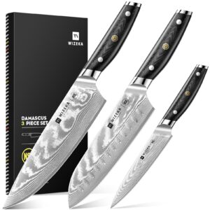 wizeka damascus knife set 3 pcs,super sharp kitchen knife set made of japanese steel vg10,full tang professional chef knife set with g10 ergonomic handle