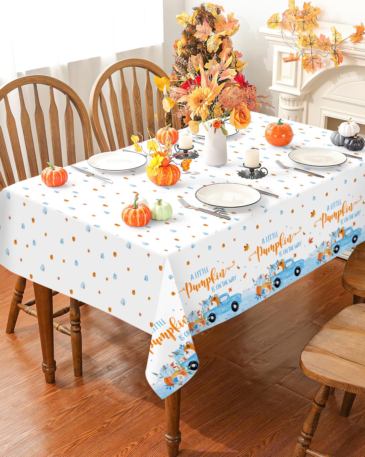 Nefelibata 3Pcs Blue Pumpkin Baby Shower Tablecloths A Little Pumpkin is On The Way Plastic Table Cover Party Supplies for Fall Halloween Thanksgiving Boy Baby Shower Party Decor