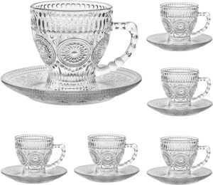 cosnou vintage glass tea cups with saucers, glass mugs 7 oz set of 6 espresso coffee embossed glassware with handle, for cappuccino, latte, cereal, yogurt, beverage hot/cold, milk…