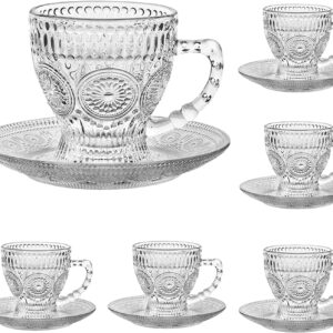 cosnou Vintage Glass Tea Cups with Saucers, Glass Mugs 7 Oz Set of 6 Espresso Coffee Embossed Glassware with Handle, for Cappuccino, Latte, Cereal, Yogurt, Beverage Hot/Cold, Milk…