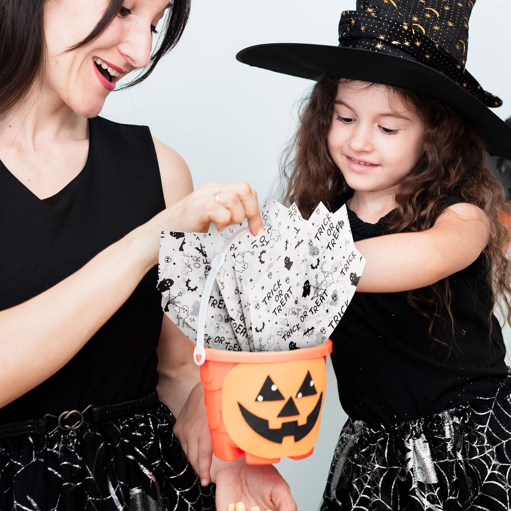 MR FIVE 30 Sheets Large Size Halloween Tissue Paper Bulk,20"x 28",Trick or Treat Tissue Paper for Gift Bags,White with Black Trick or Treat Pattern Tissue Paper for Halloween Party