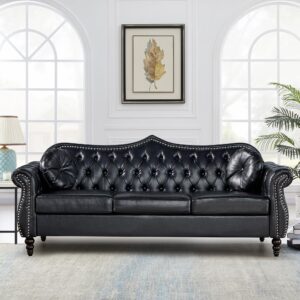 avzear 82" three seater sofa, chesterfield sofa, mid-century modern pu upholstered sofa, deep button tufted living room sofa with two throw pillows, black