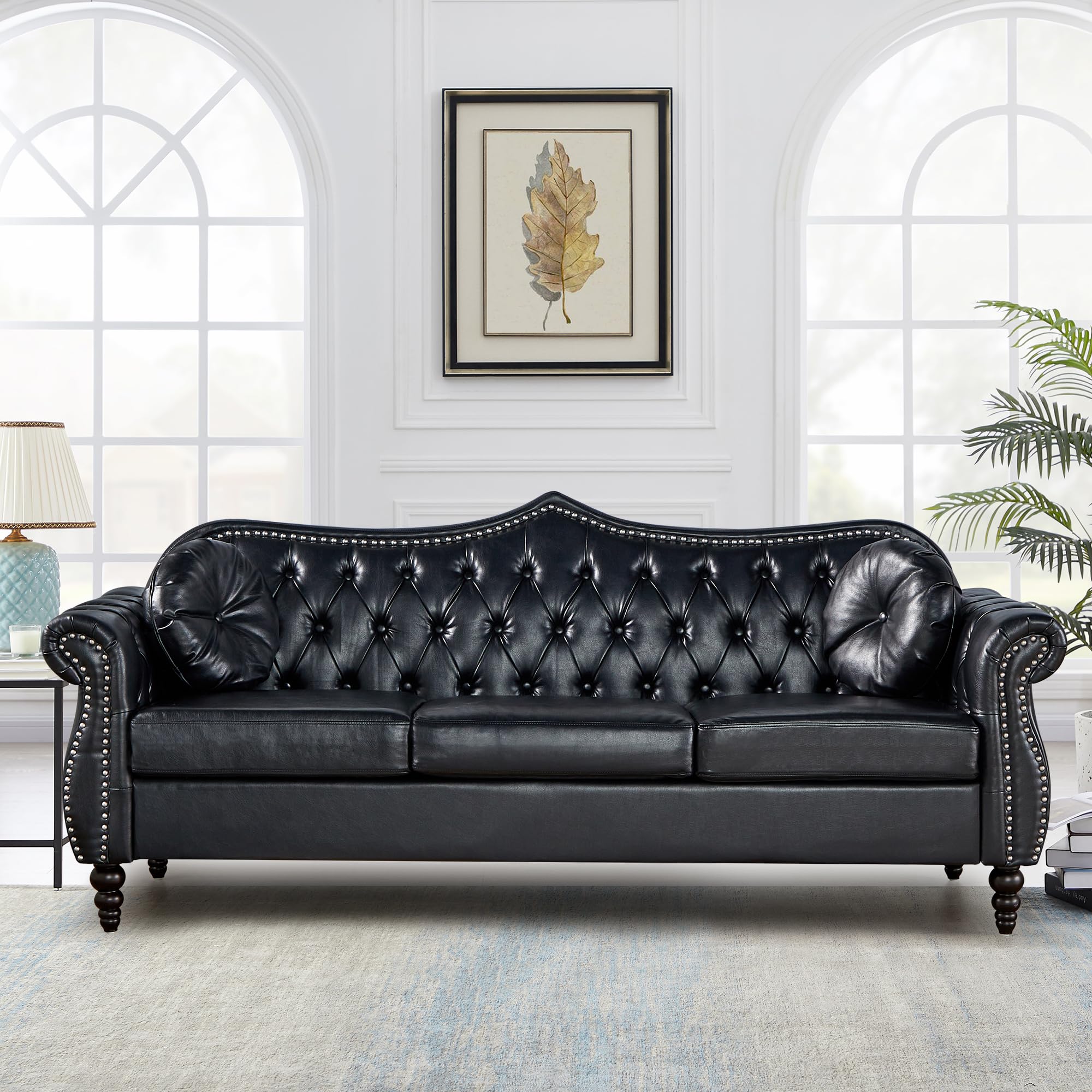 AVZEAR 82" Three Seater Sofa, Chesterfield Sofa, Mid-Century Modern PU Upholstered Sofa, Deep Button Tufted Living Room Sofa with Two Throw Pillows, Black