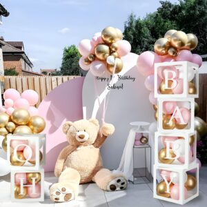 Baby Boxes with Letters for Baby Shower, 6pcs Transparent Boxes with 2 Set of A-Z+B Letter and 45pcs Balloons for Girl Baby Shower Decoration, Birthday Party Block, Bridal Shower Decor Backdrop