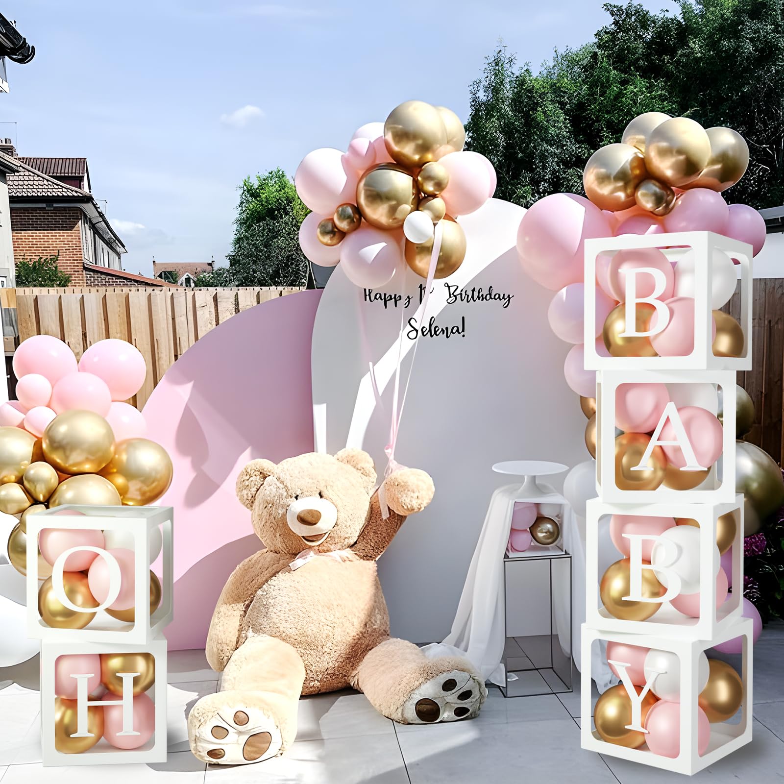 Baby Boxes with Letters for Baby Shower, 6pcs Transparent Boxes with 2 Set of A-Z+B Letter and 45pcs Balloons for Girl Baby Shower Decoration, Birthday Party Block, Bridal Shower Decor Backdrop