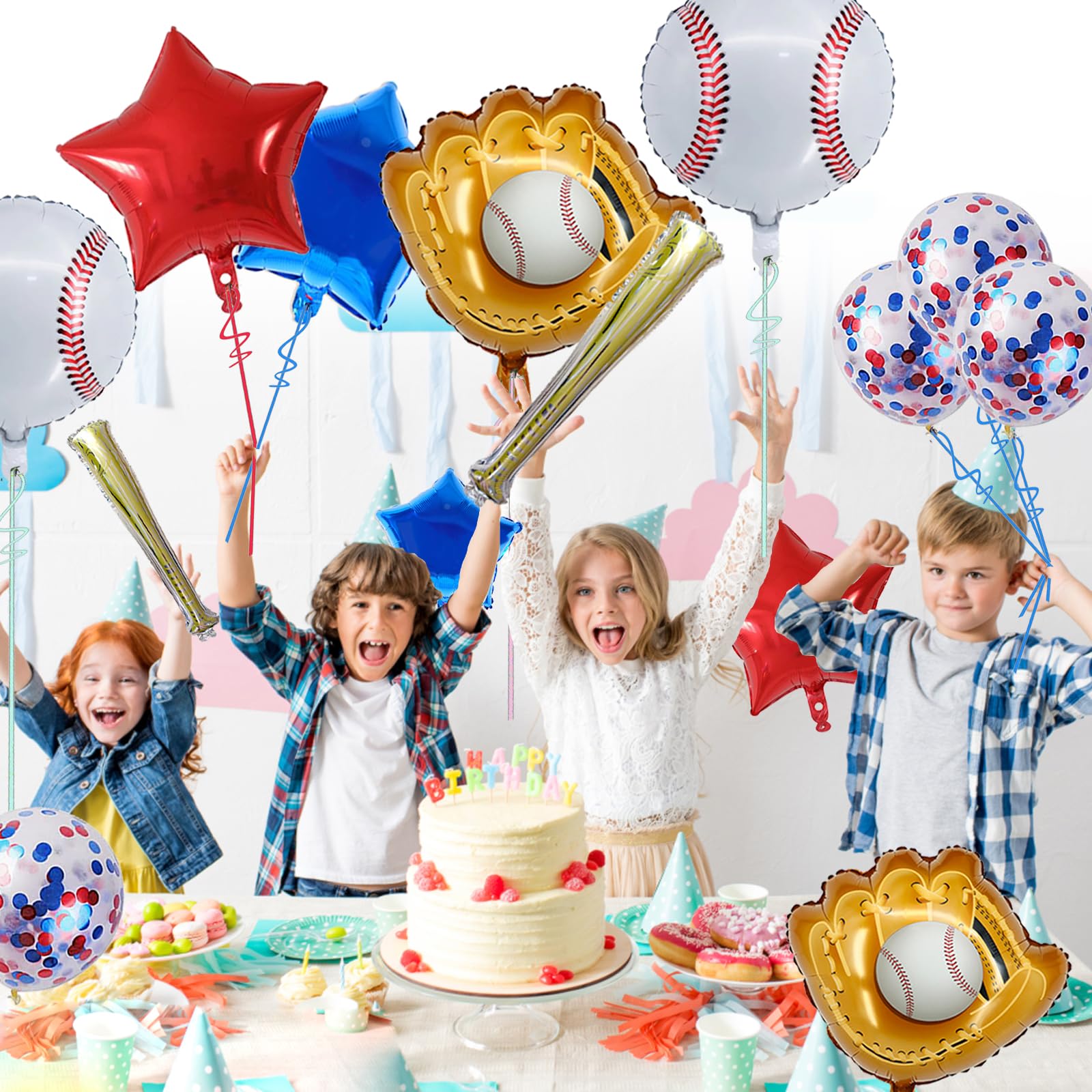 Baseball Party Balloons,Baseball Glove Jumbo Foil Mylar Balloon Baseball Bat Balloons for Birthday Sports Theme Supplies,Confetti Red and Blue white Foil Balloon Supplies Baby Shower Party Decoration