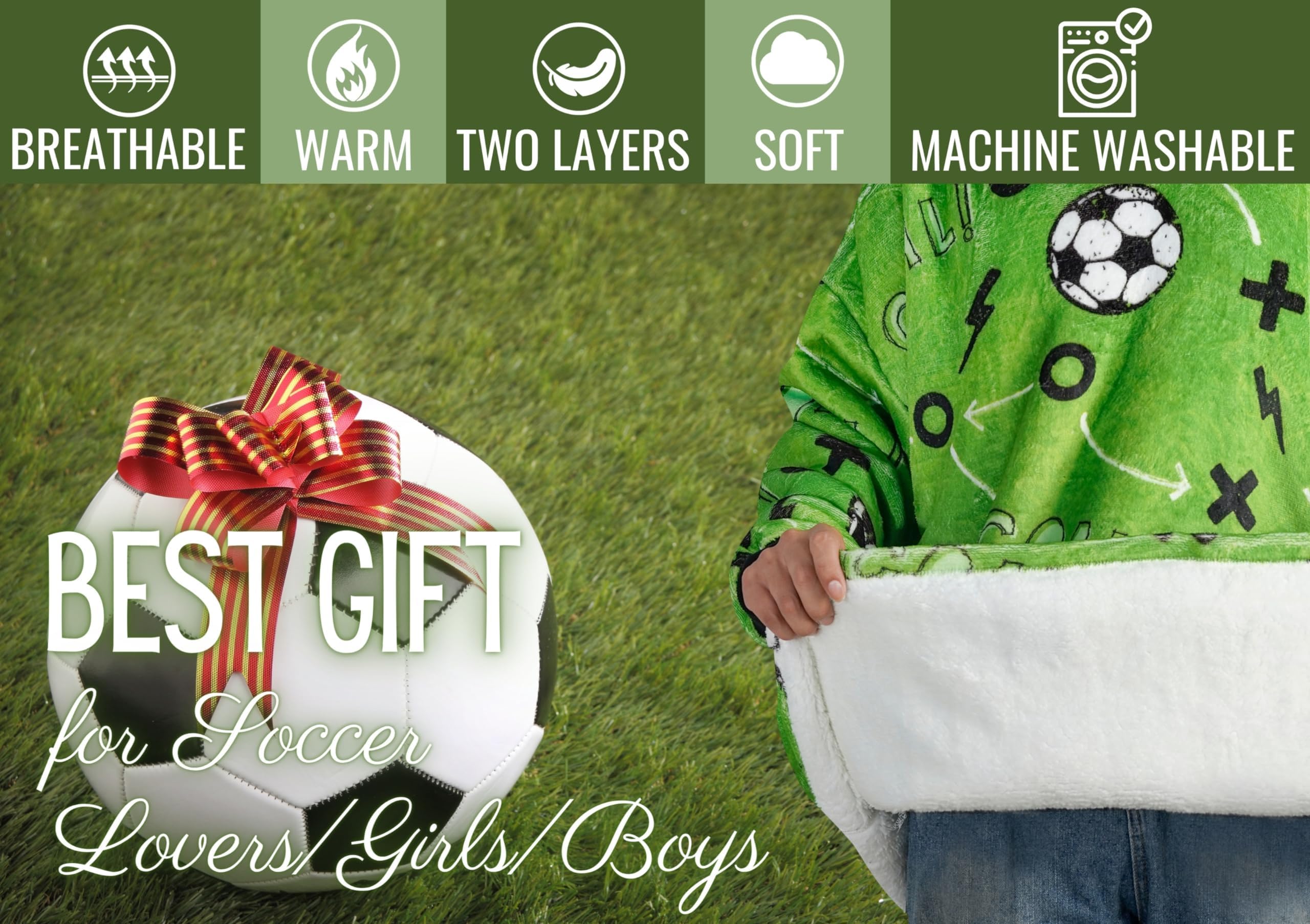 Soccer Gifts for Men, Boys, Girls, Wearable Blanket Hoodie, Oversized Flannel Hooded Blanket, Plush, Cozy, Warm, Soft, One Size