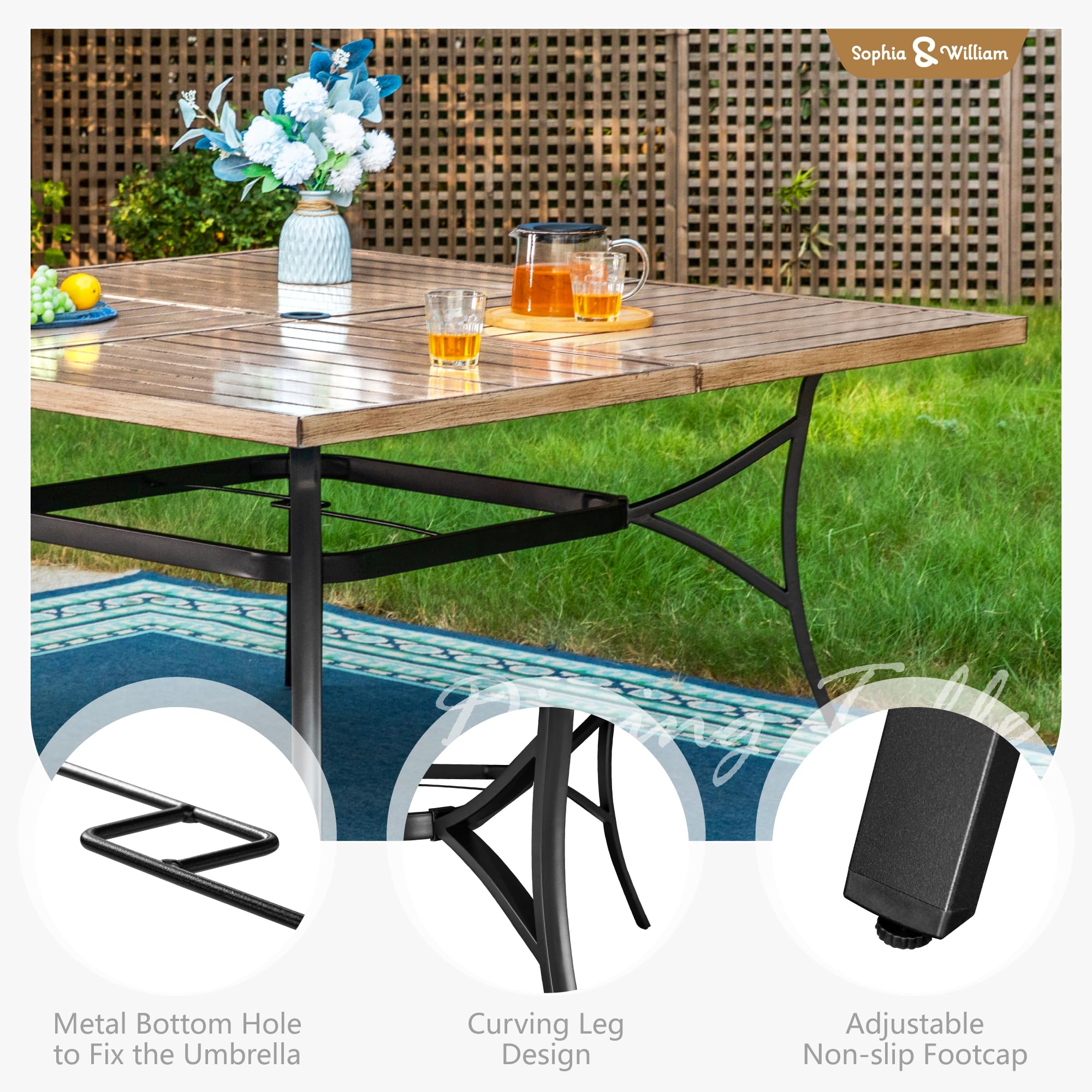 Sophia & William 60" Large Outdoor Patio Table for 8, Outdoor Square Metal Dining Table with 1.9" Adjustable Umbrella Hole, All Weather Wrought Iron Furniture Table for Garden Deck, Brown