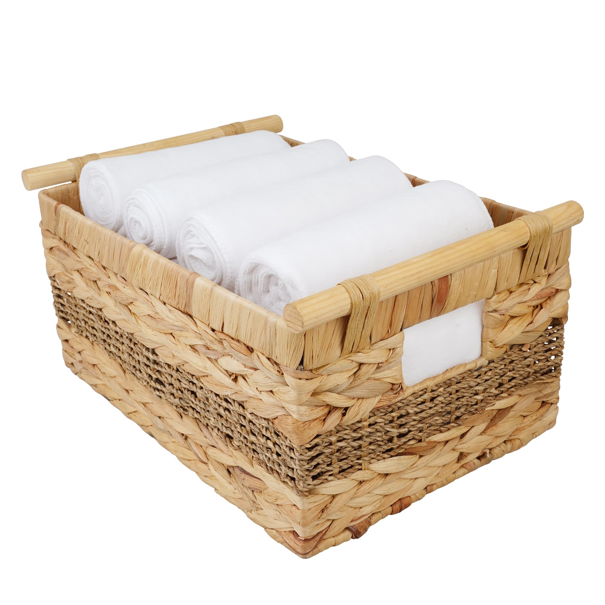 TSENSGL Water Hyacinth Storage Baskets 14.3x10x7.5" - Wooden Handles, Rectangular, Large Wicker Basket for Storage Woven Baskets for Storage Baskets for Organizing, Baskets for Shelves