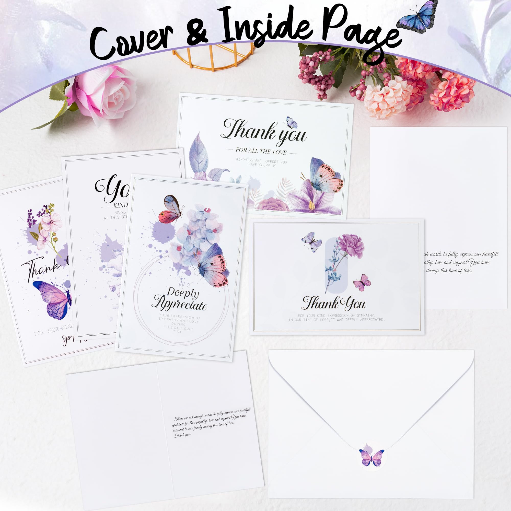 WATINC 60pcs Funeral Thank You Cards with Envelopes and Stickers, Purple Butterfly Bereavement Card Express Your Condolences, Memorial Sympathy Cards with Message Inside for Beloved Friends Family