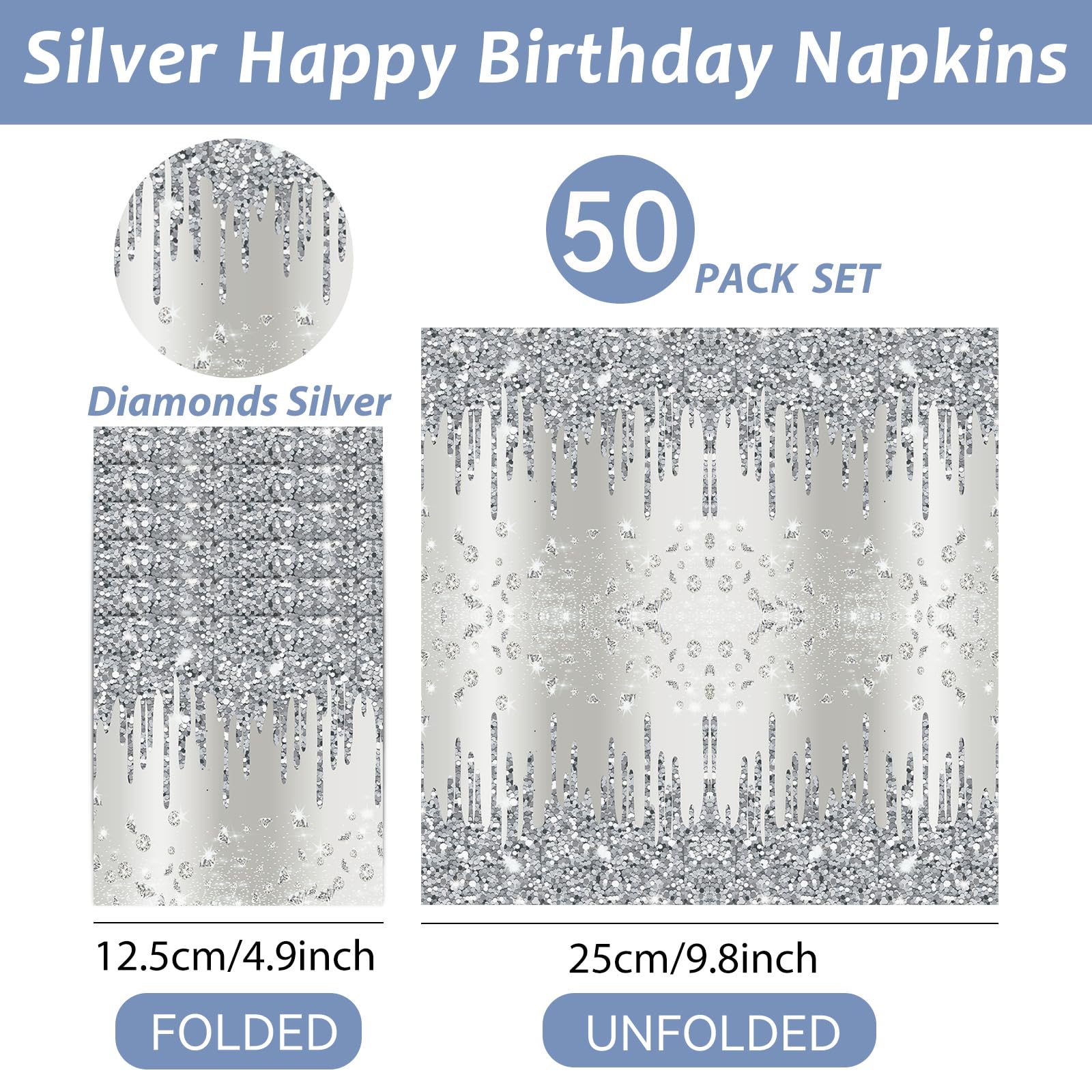 50PCS Silver Party Paper Napkins Silver Happy Birthday Napkins Supplies Silver Glitter Party Napkins Decorations Diamond Theme Party Napkins for Adults Kids Birthday Wedding Bridal Shower Party Favors