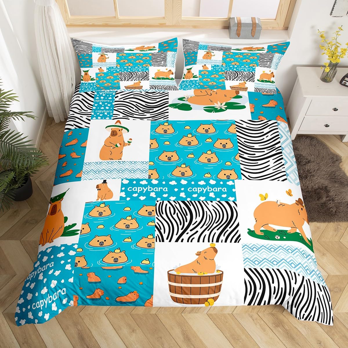 Kawaii Capybara Comforter Cover Cartoon Animal Bed Set, Blue Plaid Checkered Duvet Cover Queen Size Cute Cow Printed Bedding Sets, Lovely Zebra Print Bedspread Cover Breathable for All Seasons