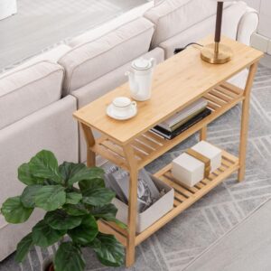 Nnewvante Bamboo Console Table Behind Couch, Entryway Table with Shelves, 3 Tier Narrow Sofa Table for Hallway, Living Room, Foyer 38.6"x11.8"