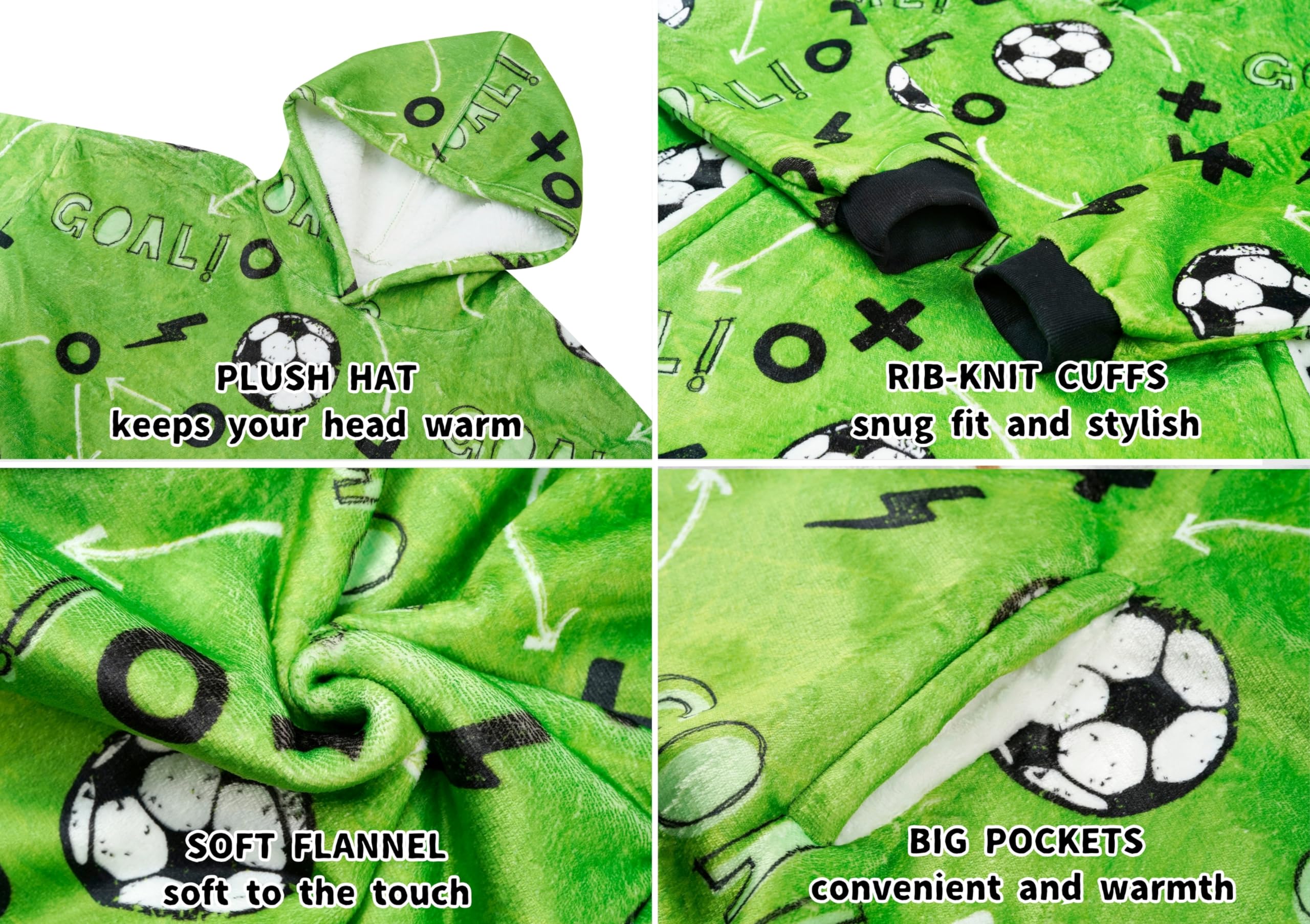 Soccer Gifts for Men, Boys, Girls, Wearable Blanket Hoodie, Oversized Flannel Hooded Blanket, Plush, Cozy, Warm, Soft, One Size