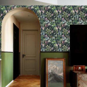 Ismoon Green Peel and Stick Wallpaper, Tropical Wallpaper Black/Green/Pink Contact Paper Jungle Leaf Wallpaper Peel and Stick Removable Wallpaper Vinyl Self Adhesive Wallpaper Waterproof